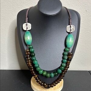Artisan Emerald Green Malachite Gemstone Glass Wood Metal Cord Necklace